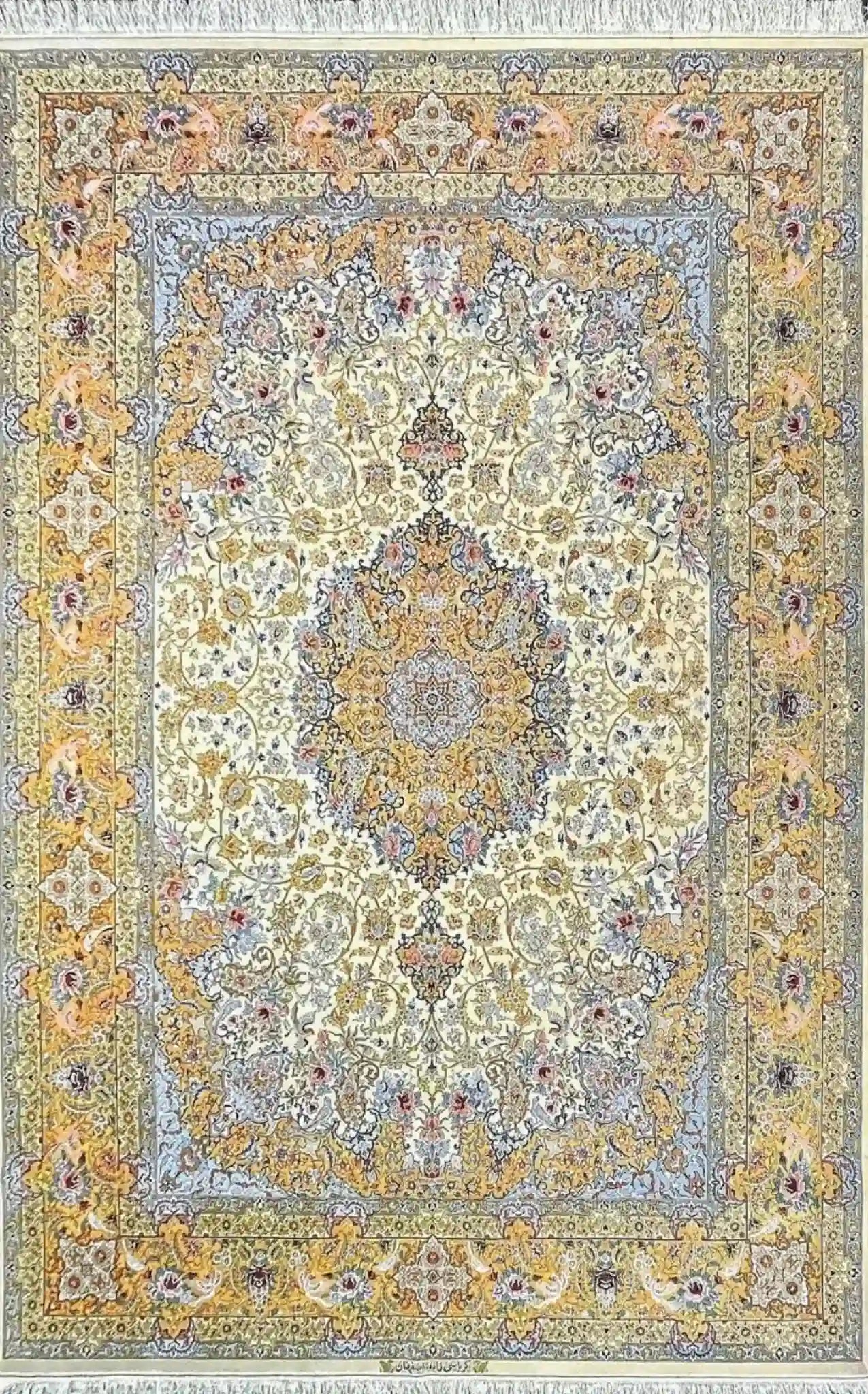 "Colorful hand-knotted Persian rug from Isfahan with wool and silk."